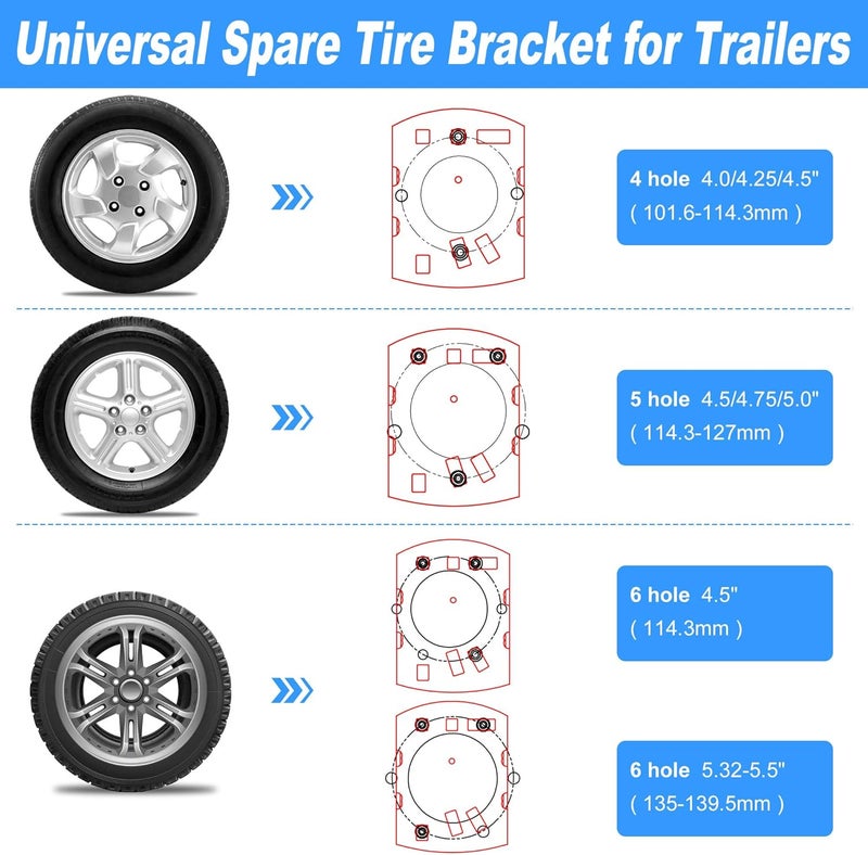 Foozet Trailer Spare Tire Mount Bracket, Heavy Duty Spare Tire Carrier Mount for Boat and RV, Fits Most 4 5 6 Lugs Wheels on 4", 4.25", 4.5", 4.75", 5" or 5.5" Bolt Patterns, Holds up to 160 Lbs - Image 3